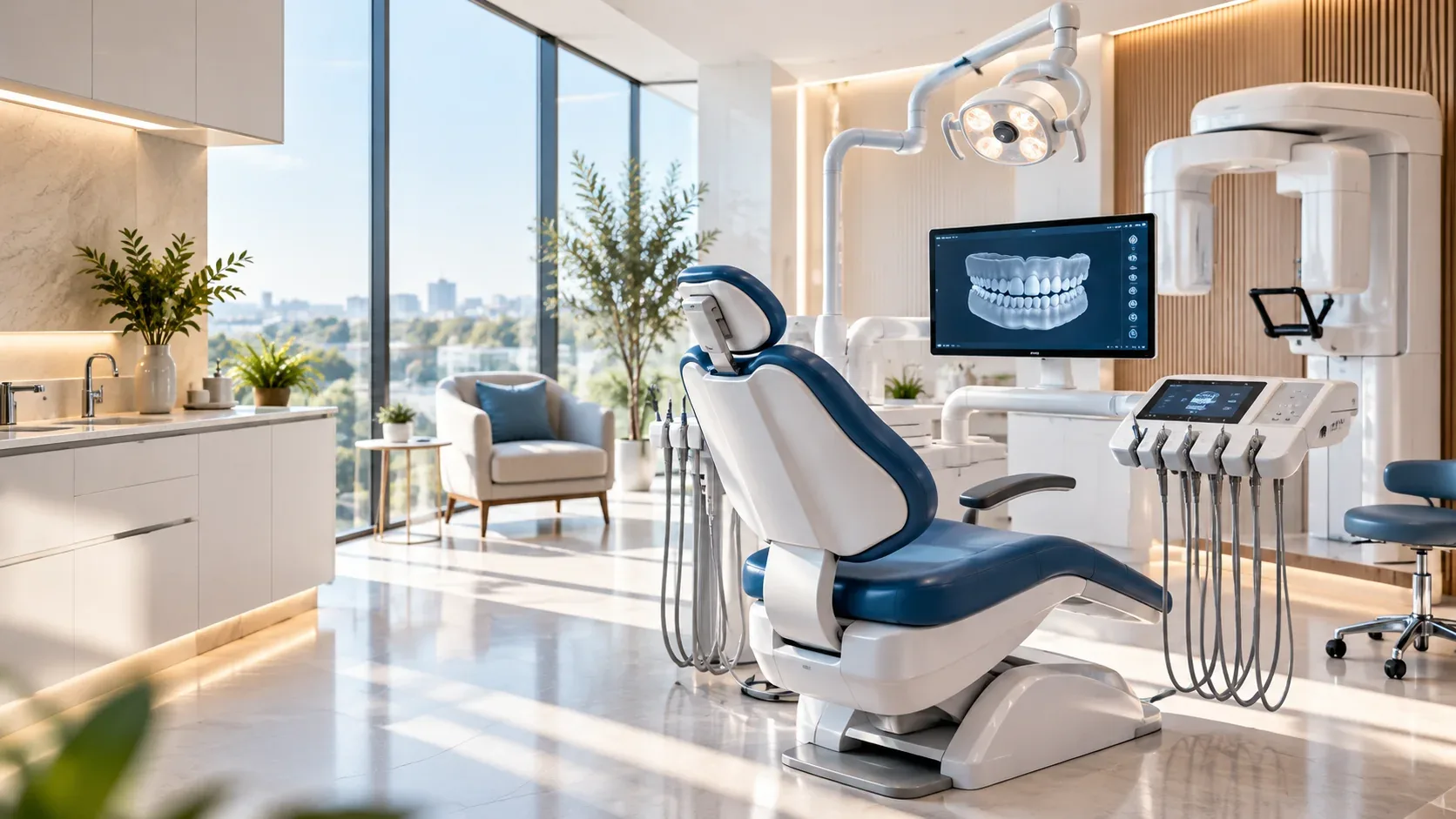 Consultório odontológico contemporâneo com equipamentos e iluminação natural
