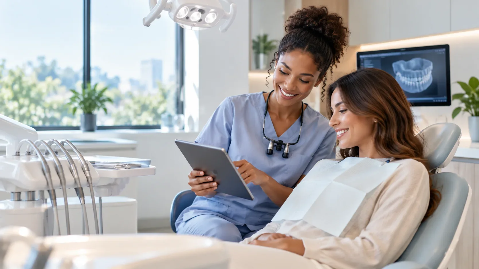 Dentista e paciente analisando um planejamento digital em tablet