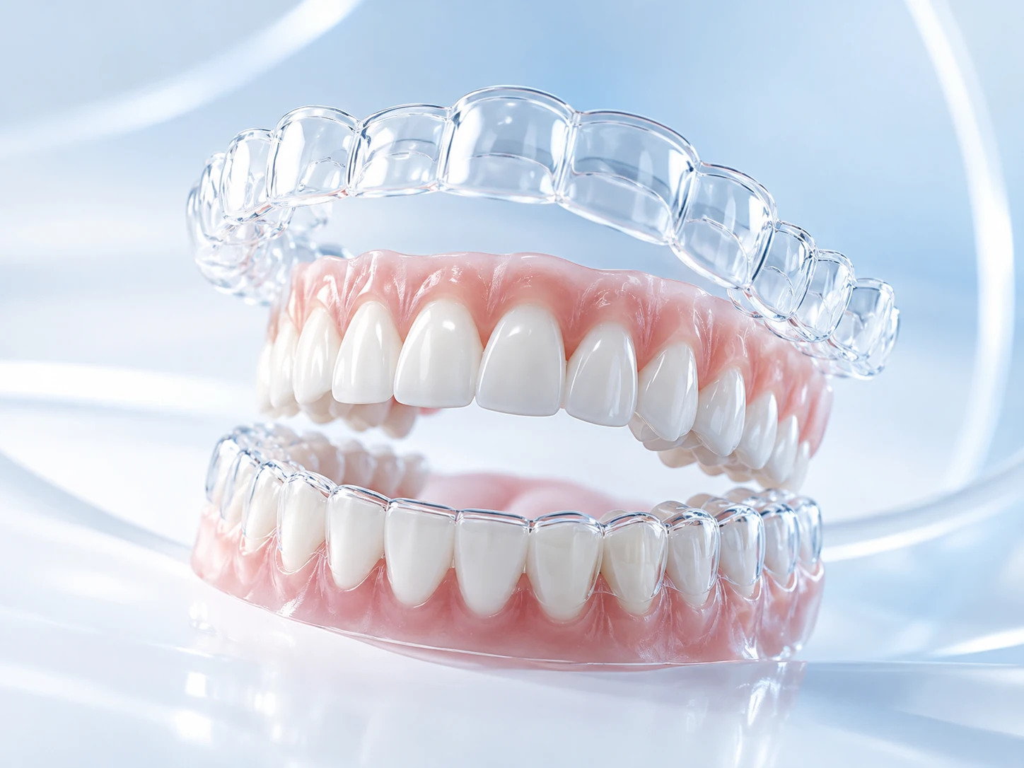 Render 3D de alinhadores transparentes acima das arcadas dentárias